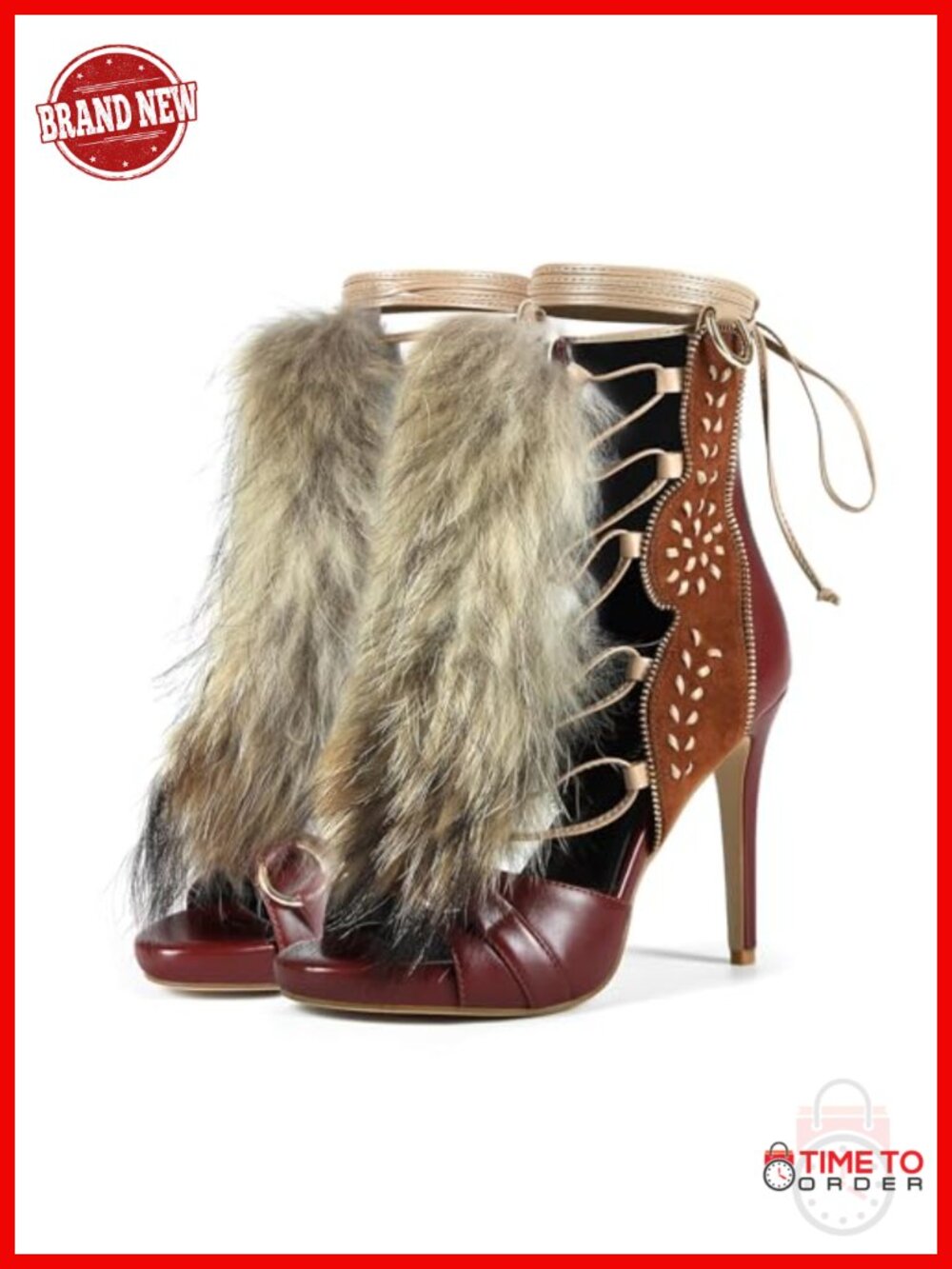 Handmade Stiletto High Heeled Sandal Bootie with Faux Fur Suede Ankle Strap